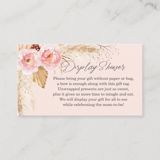 Pink Display Shower boho pampas floral Enclosure Card (Front)
