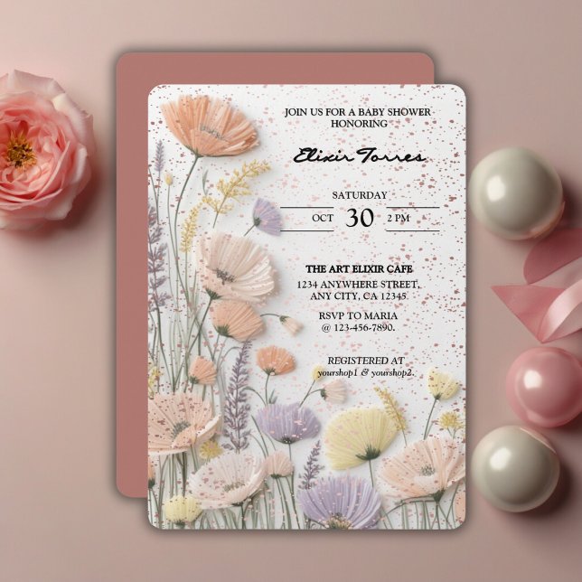 Pink Distressed Pressed Wildflower Baby Shower Invitation (Creator Uploaded)