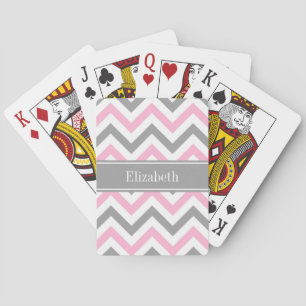 Pink Dk Gray White LG Chevron Gray Name Monogram Playing Cards