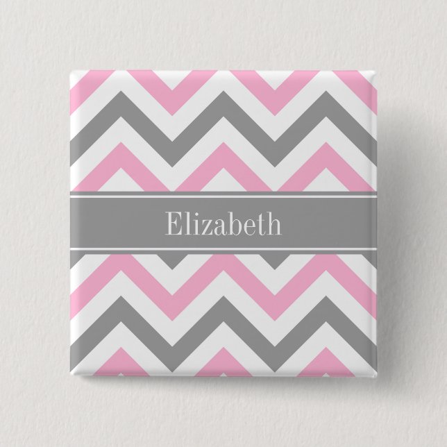 Pink Dk Grey White LG Chevron Grey Name Monogram 2 Inch Square Button (Front)