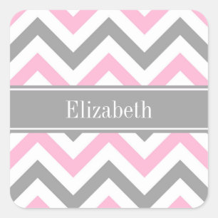 Pink Dk Grey White LG Chevron Grey Name Monogram Square Sticker