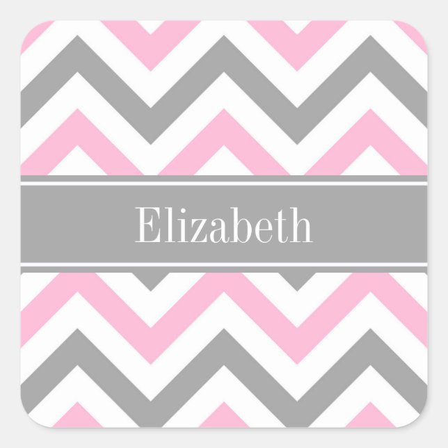Pink Dk Grey White LG Chevron Grey Name Monogram Square Sticker (Front)