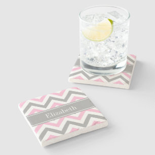 Pink Dk Grey White LG Chevron Grey Name Monogram Stone Coaster
