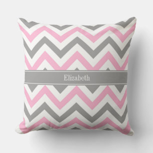 Pink Dk Grey White LG Chevron Grey Name Monogram Throw Pillow
