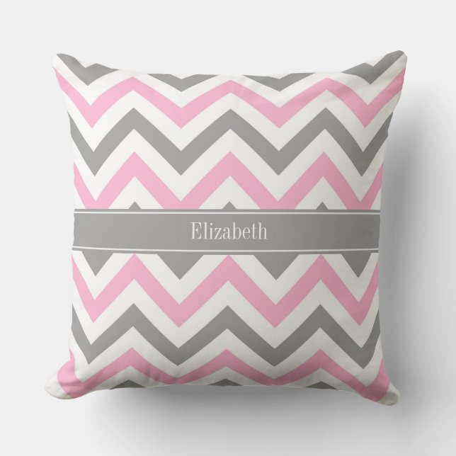 Pink Dk Grey White LG Chevron Grey Name Monogram Throw Pillow (Front)