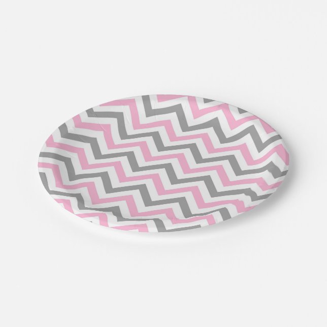 Pink, Dk Grey Wht Large Chevron ZigZag Pattern Paper Plate (Angled)