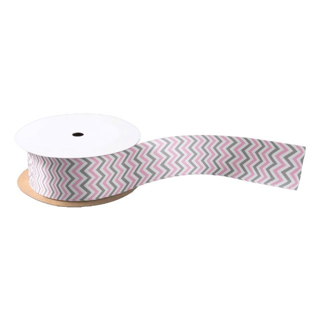 Pink, Dk Grey Wht Large Chevron ZigZag Pattern Satin Ribbon (Spool)