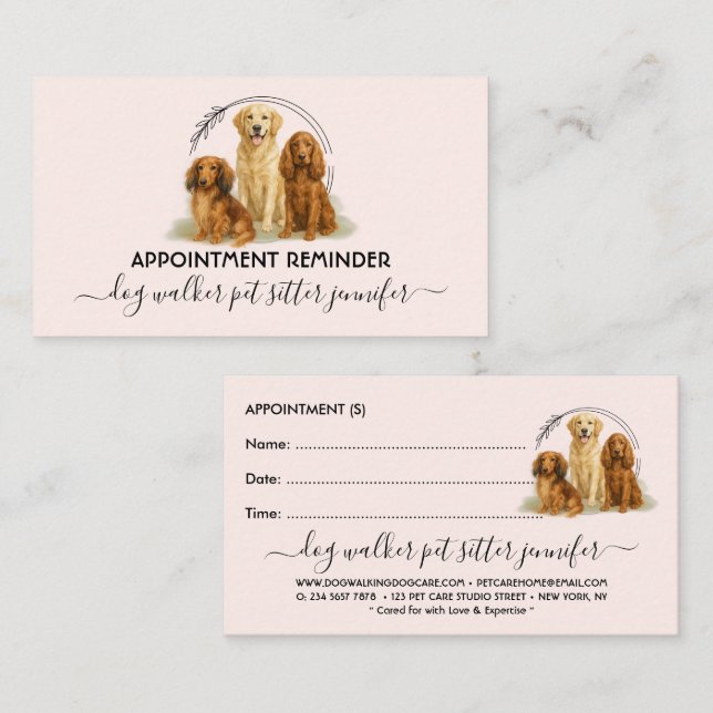 pink Dog Breeds Vet Pet Care Script Appointment Business Card (Front/Back)