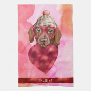 Pink Dog Lover Valentine Gift Brown Dachshund Kitchen Towel