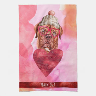 Pink Dog Lover Valentine Gift French Mastiff  Kitchen Towel