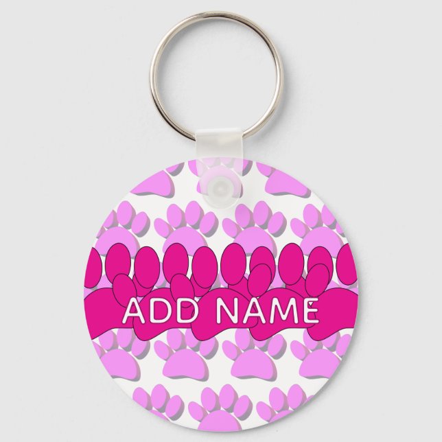 Pink Dog Paw Print Custom Personalized Name Keychain (Front)