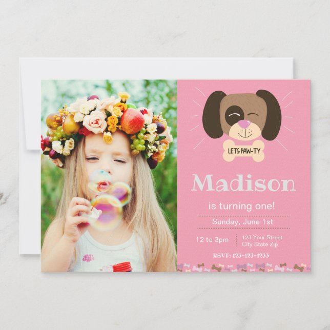 Pink Dog Pawty Birthday Invitation (Front)