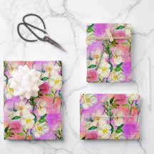 Pink dog rose watercolor floral wrapping paper