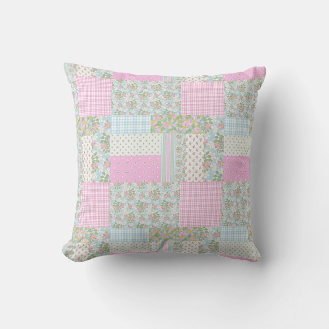 Pink Dogroses Faux Patchwork Cushion or Pillow (Front)