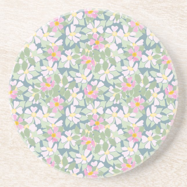 Pink Dogroses on Deep Blue Round Sandstone Coaster (Front)