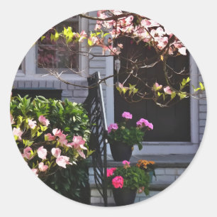 Pink Dogwood and Pots of Geraniums Classic Round Sticker