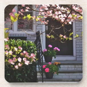 Pink Dogwood and Pots of Geraniums Coaster