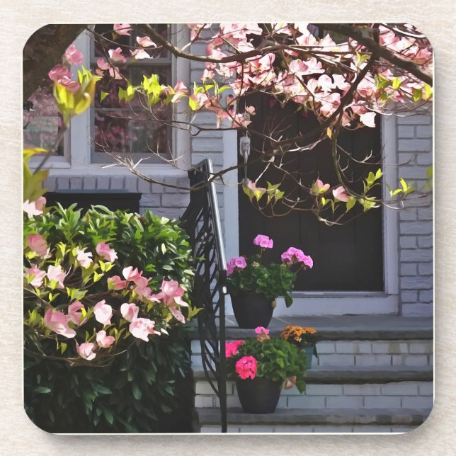 Pink Dogwood and Pots of Geraniums Coaster (Front)