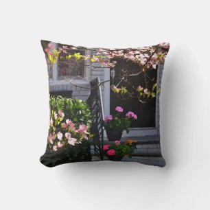 Pink Dogwood and Pots of Geraniums Throw Pillow