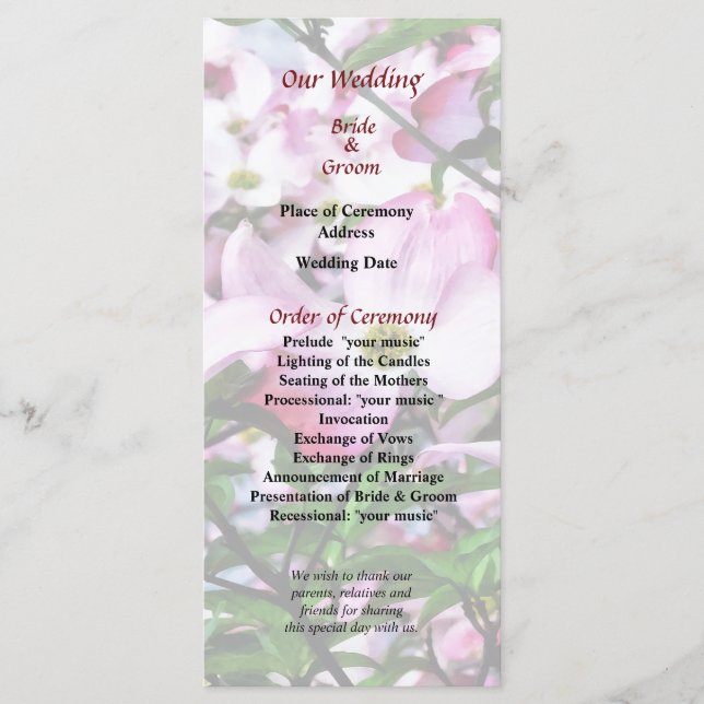 Pink Dogwood Blossoms Wedding Program (Front)