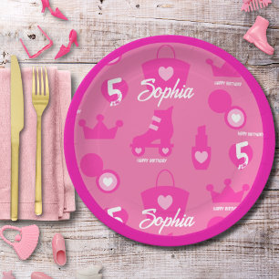 Pink Doll Birthday Party, Custom Age, Custom Name Paper Plate
