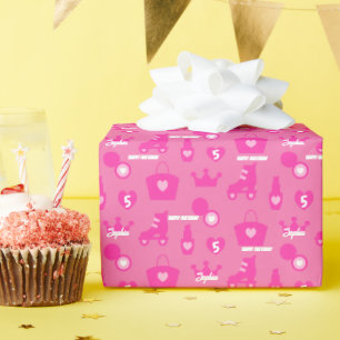 Pink Doll Birthday Party, Custom Age, Custom Name Wrapping Paper