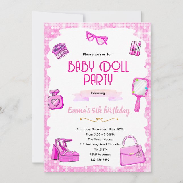 Pink doll party invitation (Front)