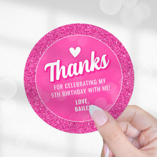 Pink Doll Sticker, Glitter Girl Birthday Thank You Classic Round Sticker