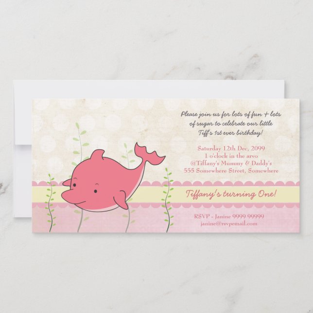Pink Dolphin Baby Girls 1st Birthday Party Invite (Front)