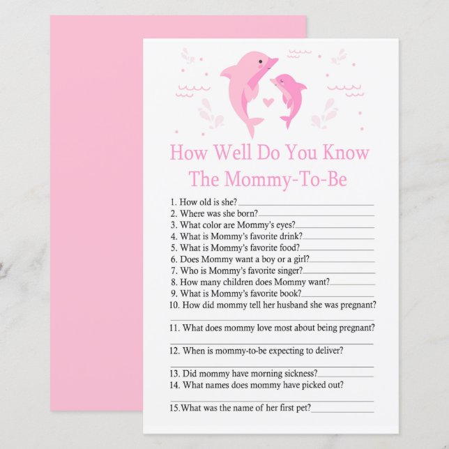 Pink Dolphin How well do you know baby shower game (Front/Back)