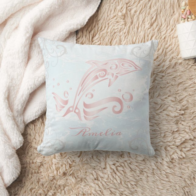 Pink Dolphin Personalized Throw Pillow (Blanket)