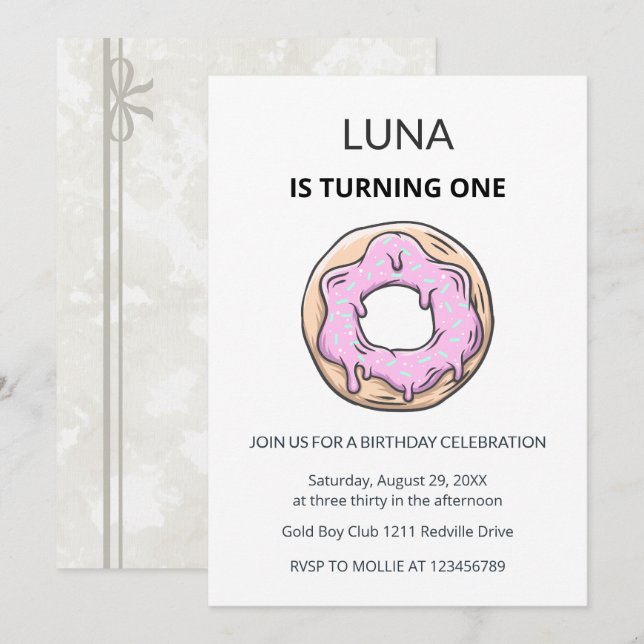Pink Donut 1st Birthday Invitation Girl  (Front/Back)