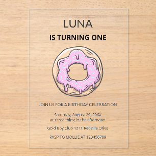 Pink Donut Cute Girl 1st Birthday Party Acrylic Invitations