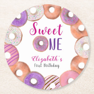 Pink Donut Sweet One First Birthday Custom Round Paper Coaster