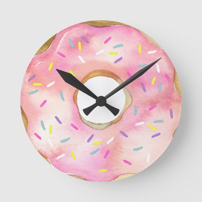 Pink Donut Watercolor Doughnut Cute Sprinkles Round Clock (Front)
