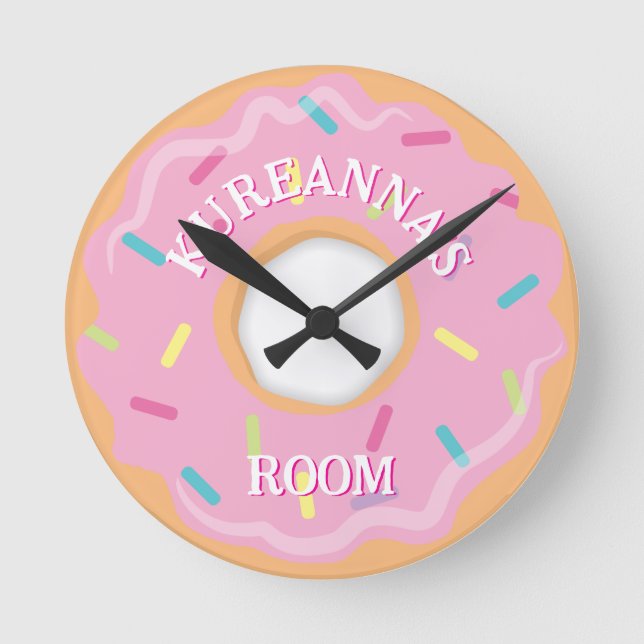 Pink Donut with Sprinkles Bedroom or Playroom Round Clock (Front)