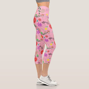 Pink Doodle Art Fun Flowers / Floral Capri Leggings