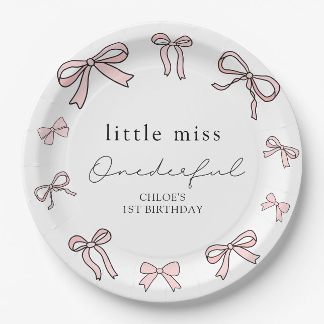 Pink Doodle Bow Baby Girl 1st Birthday Paper Plate (Front)