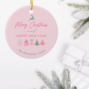 Pink Doodle Christmas Trees, Reindeer, Stars, Ceramic Ornament