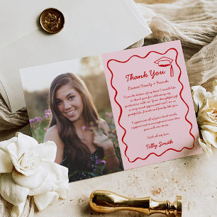 Pink Doodle Graduation Thank You Card 3 Photo Wavy