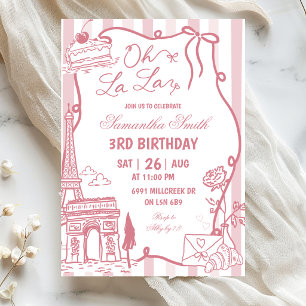 Pink Doodle Handwritten Parisian Cafe Birthday Invitation