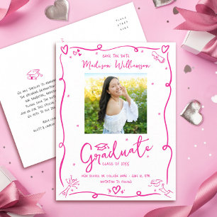 Pink Doodles Graduation Save the Date Photo White Invitation Postcard