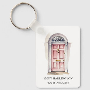 Pink Door Watercolor Logo Real Estate Agent Keychain