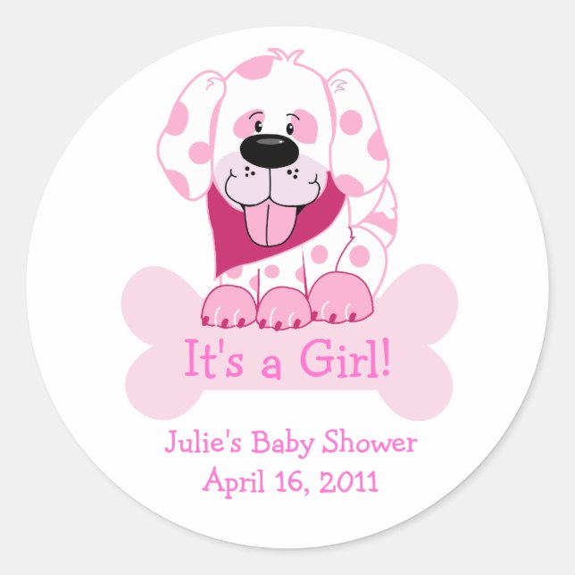 Pink Dot Puppy Dog Baby Shower Favour Stickers (Front)