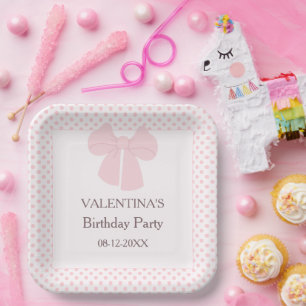 Pink dots and pink bow girls birthday paper plate