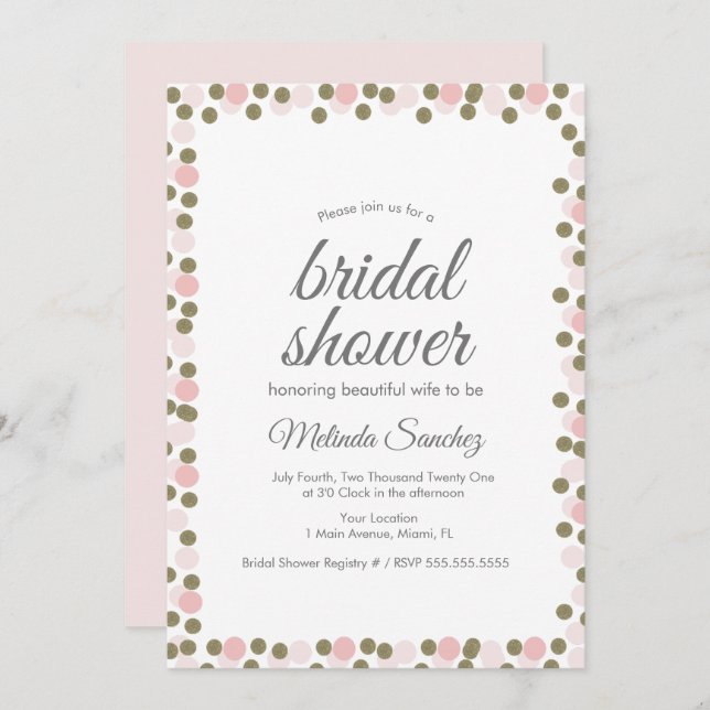 Pink Dots Confetti Gold Border Bridal Shower Invitation (Front/Back)