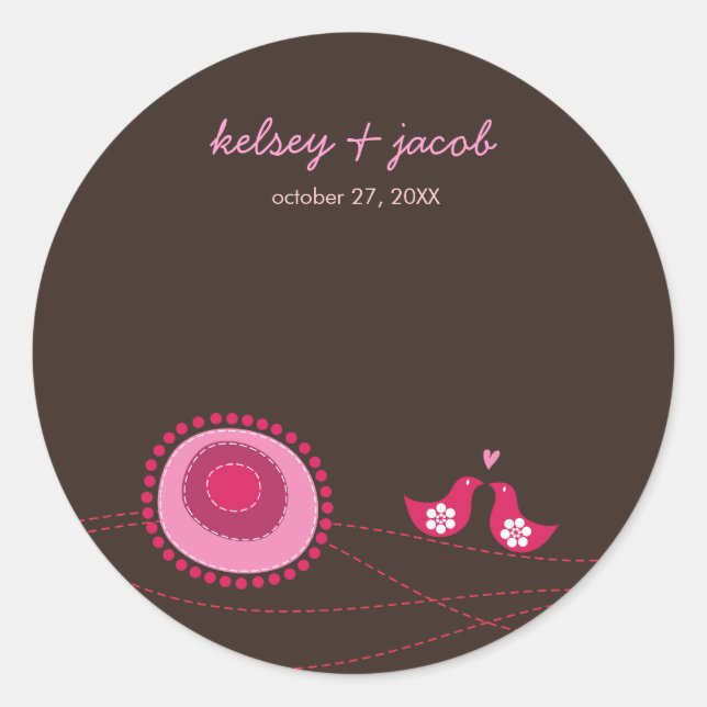 Pink Dots Cute Flowers Love Birds Wedding Sticker (Front)
