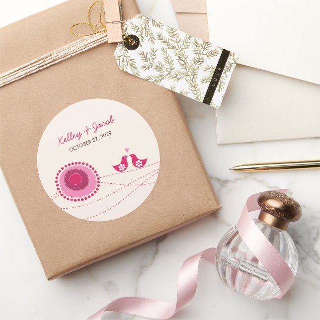 Pink Dotted Flower Dots & Cute Love Birds Wedding Classic Round Sticker (Gifting)