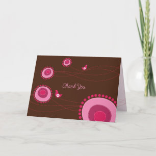 Pink Dotted Flowers and Happy Birds Whimsical Thank You Card