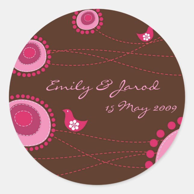 Pink Dotted Flowers & Happy Bird Mariage Sticker (Devant)